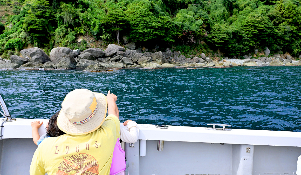 A scene from the Boathouse Tour Cruise, showing passengers enjoying the beautiful sea and scenery of Ine from the boat deck.