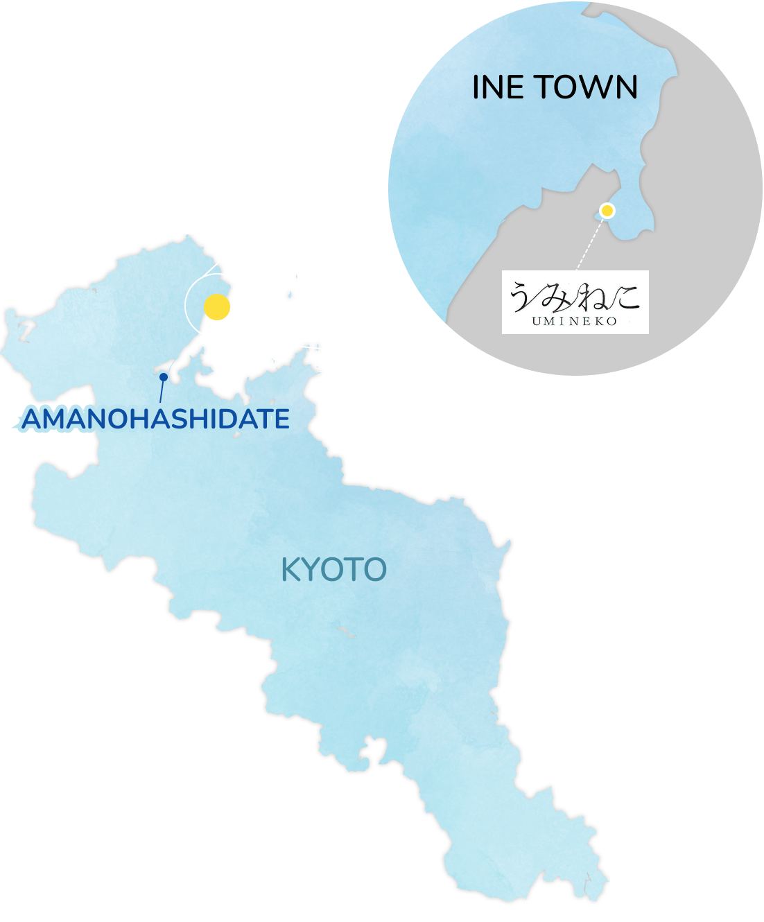 A map showing the location of Umineko in Ine Town, northern Kyoto Prefecture. It indicates that Umineko is situated along Ine Bay, northeast of Amanohashidate.