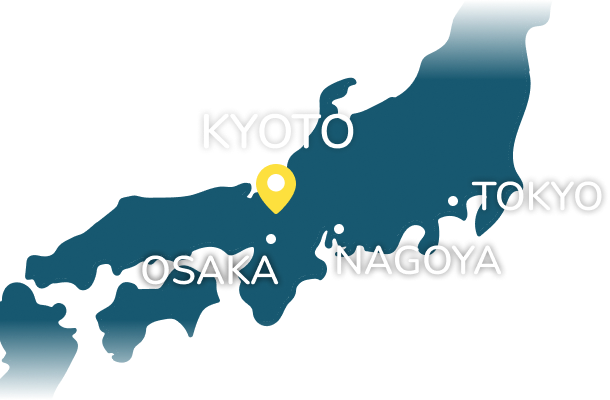 Location map of northern Kyoto within Japan, featuring a yellow pin and labels for Tokyo, Nagoya, and Osaka.